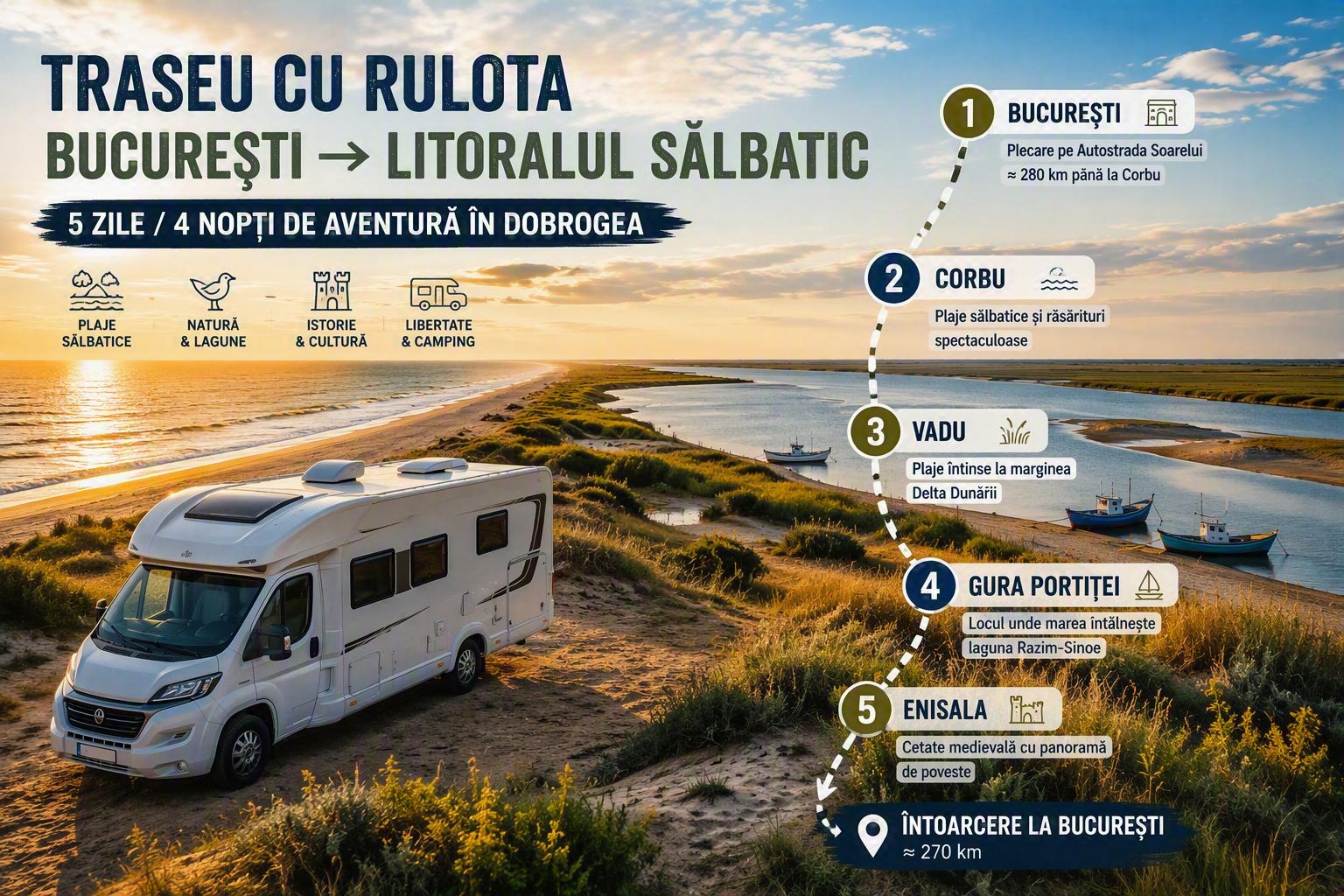 Traseu cu rulota pe litoralul sălbatic al României: 5 zile la Corbu, Vadu și Gura Portiței